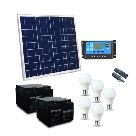 KIT SOLARE ILLUMINAZIONE 50W 12V PER INTERNI 5 LAMPADE LED - AUTONOMIA 5 ORE